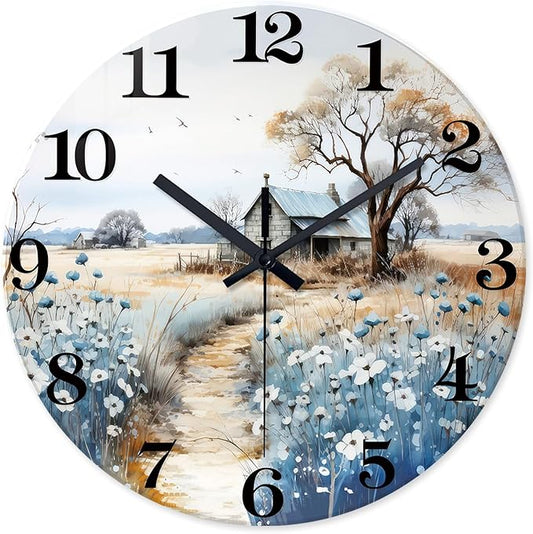 XNM Kitchen Wall Clocks Battery Operated 14 Inch Blue Wall Clock Silent Wood Farmhouse Clock for Wall(No Solid Wood, It is with MDF Material)