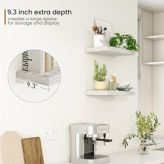 Fun Memories Deep Floating Shelves - 16" W x 9.3" D x 1.6" H Rustic Grey Wall Shelf - Wall Mounted Shelves for Storage - Wooden Shelves with Invisible Brackets for Living Room, Farmhouse - Set of 2