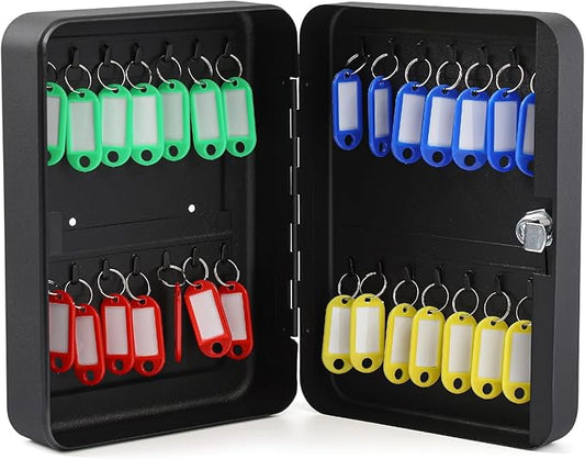 Ripeng 28 Keys Key Holder Wall Mount Steel Cabinet Security Lock Box with Tags and Hooks Key Organizer Wall Safe Storage for Car Office Hotel House Rental Business