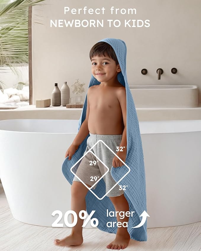 Yoofoss Hooded Baby Towels for Newborn 2 Pack 100% Muslin Organic Cotton Baby Bath Towel with Hood for Babies, Infant, Toddler and Kids, Large 32x32Inch, Soft and Absorbent Newborn Essential