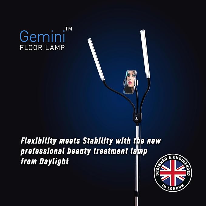 Daylight Company Gemini Floor Lamp, 2 Strobe Lamp, 4 Brightness Levels, Social Media, Nails, Salon, Beauty, Office and Much More - 4,500 LUX - 1,400 Lumen, Silver