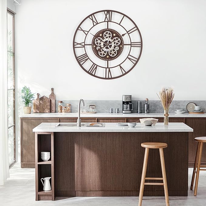 24 Inch Large Wall Clocks for Living Room Decor with Moving Gears,Large Wall Clock Industrial Steampunk,Oversized Metal Analog Wall Clocks for Farmhouse Home Battery Operated