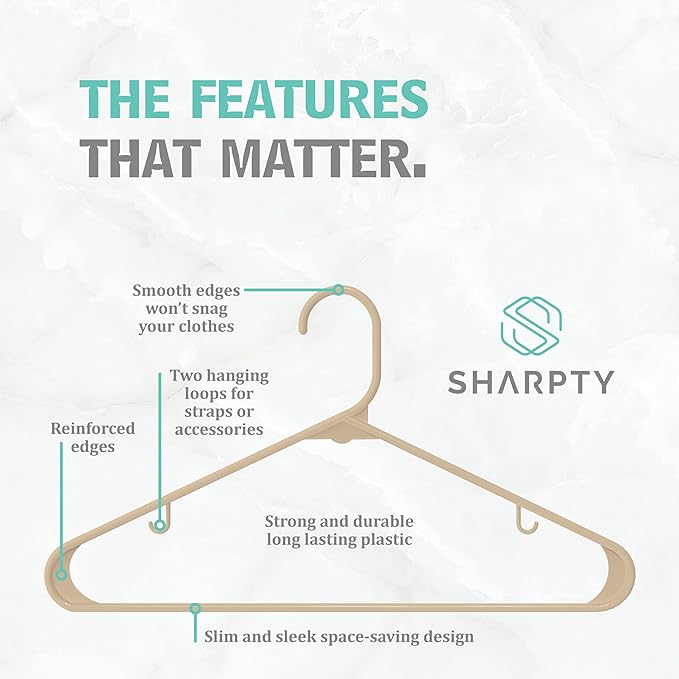 Sharpty Plastic Hangers Clothes Hangers for Clothing, Closet, Coats & Shirts - Durable, Thick, Tough & Space Saving - for Everyday Standard Use, Room Essentials & Basics - 60 Pack - Beige