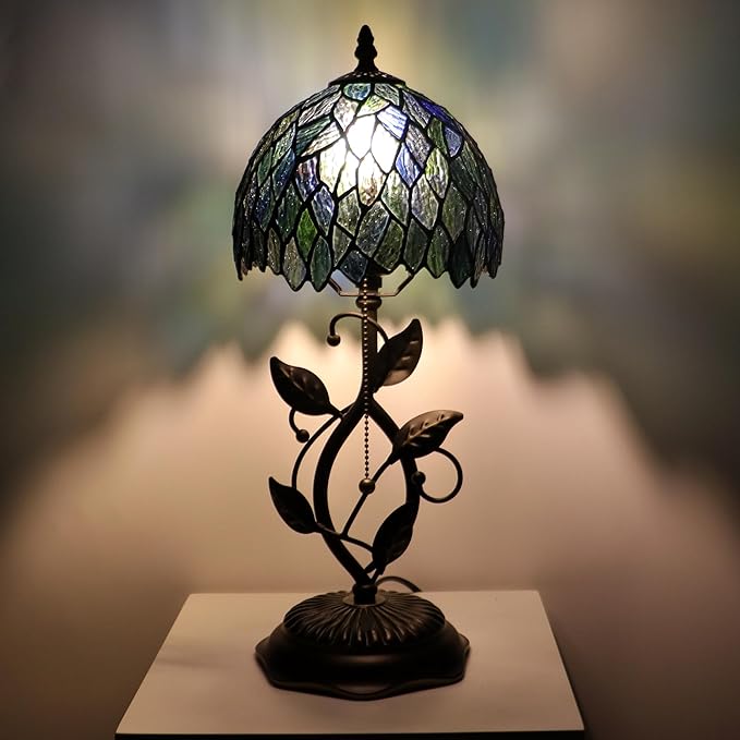 Small Tiffany Lamp Multicolor Leafage Style Stained Glass Table Lamps Desk Bedside Reading Light 8X8X18 Inches with Bronze Metal Leaf Resin Base