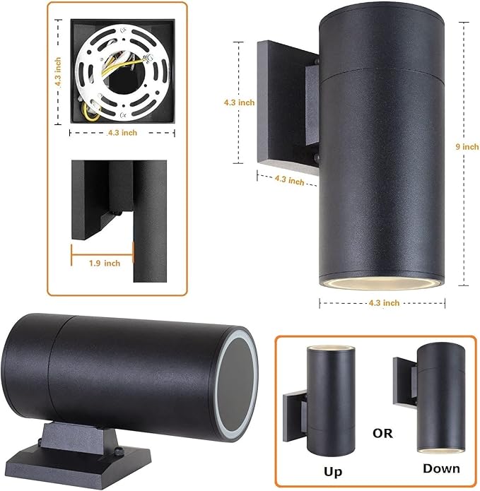 Outdoor Wall Light, Exterior Lighting - ETL Listed, Die-cast Aluminum Anti-Rust Waterproof Wall Mount Cylinder Design – 1-Direction Up or Down Light Fixture for Porch, Garage, Doorway or Patio