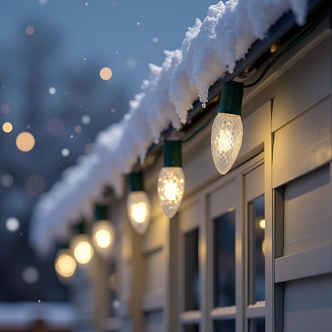 YULETIME Warm White C9 LED Christmas Lights, 25 Feet 25 Count 12" Spacing Faceted Strawberry Bulbs UL Certified Outdoor String Light Set (Warm White)