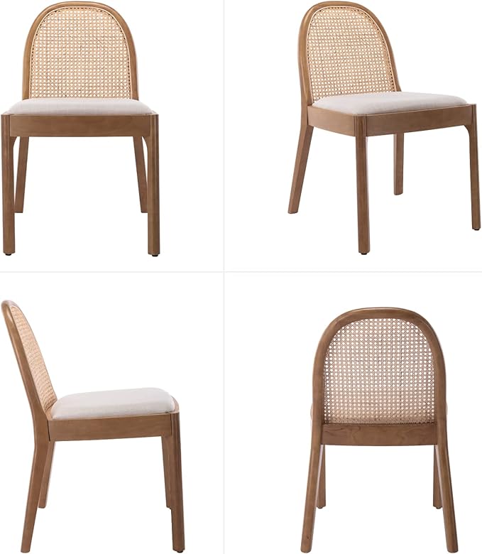 HEAH-YO Rattan Dining Chairs Set of 2, Upholstered Linen Dining Room Chairs with Backrests, Modern Kitchen Chairs with Wood Legs for Dining Room, Beige
