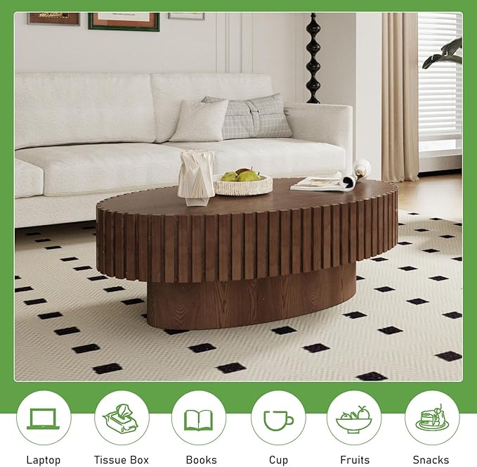 Oval Coffee Table for Living Room, 43.3'' Modern Handcraft Drum Coffee Table Unique Fluted Coffee Tables Wood Center Table End Table for Small Space, Farmhouse Apartment Office (Oval Brown)