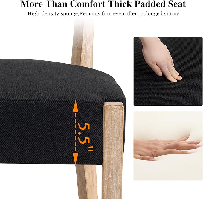 Dining Chairs Set of 4, Mid-Century Modern Wooden Kitchen Chairs with Linen Upholstery - Low-Back Woven Design for Kitchen & Dining Room，Black Fabric