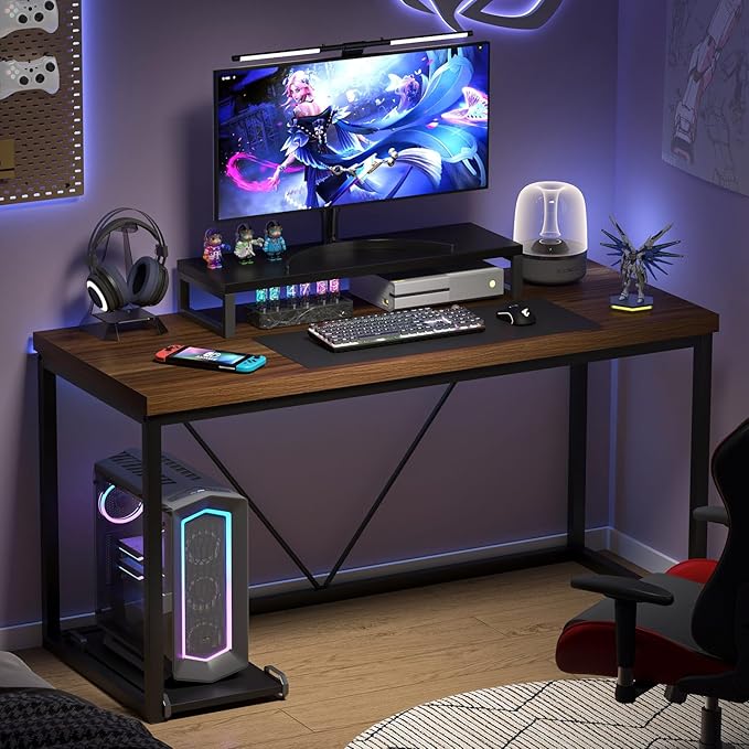 FOLUBAN Modern Computer Desk, Rustic Wood and Metal Study Writing Table, Simple Work Gaming PC Desk for Home Office, Walnut 53 Inch