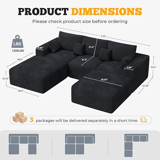 113" Modular Sectional Sofa, Convertible U-Shaped Cloud Couches for Living Room with Ottoman, 5 Seater Corduroy Boneless Couch Sofa Set, No Assembly Required, Black 1 PCS