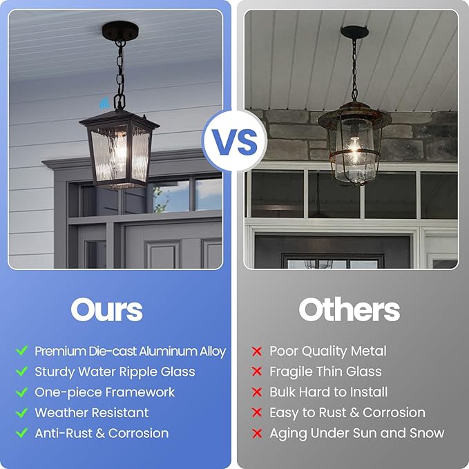 Outdoor Pendant Light, Black Outdoor Porch Light fixtures with Dusk to Dawn Sensor, Exterior Hanging Lantern Height Adjustable Outside Chandelier with Water Glass for House Patio Garage