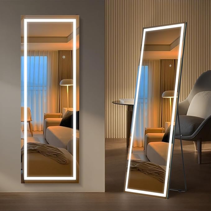 Kosmonia 65x22 Frameless Full Length Mirror, Dimmable 3 Color LED Light w/Memory Function, Distortion Free, HD Reflection & Anti Desilvering, Tempered Glass & Shatter Proof Film Doubling Safety