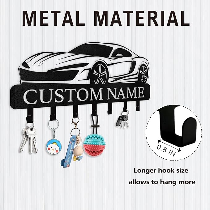 Personalized Key Holder Wall Mount - Custom Key Rack Wall Mount with Hooks, Metal Key Rack Organizer, Car Design Key Hanger, Coat Rack, Wall Mounted Decor for Entryway, Front Door, Office
