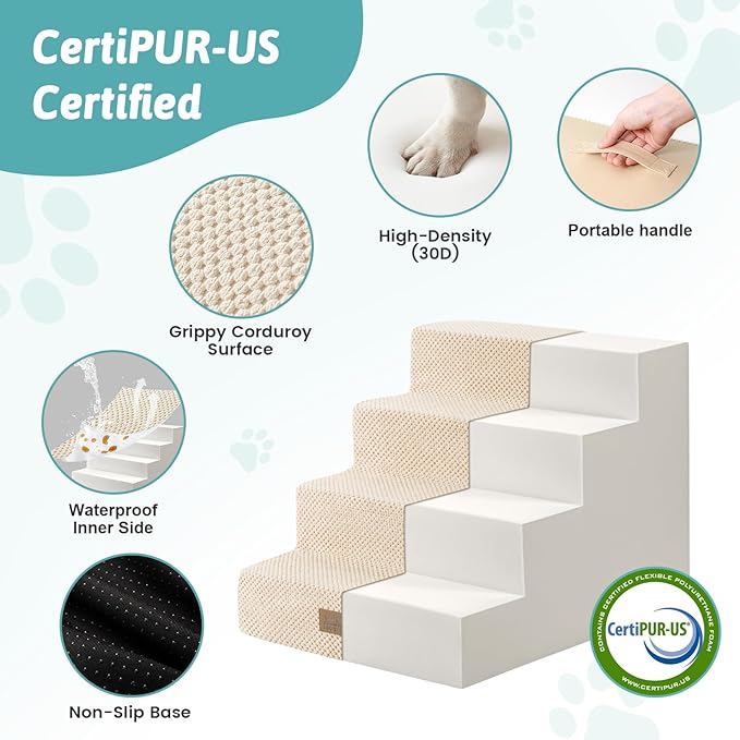 Slope Dog Stairs 15.7" H, Pet Steps for Couch Sofa Chair, Ramp for Small Dogs Puppy Cats Seniors with Removable Washable Cover, 4 Step, Beige