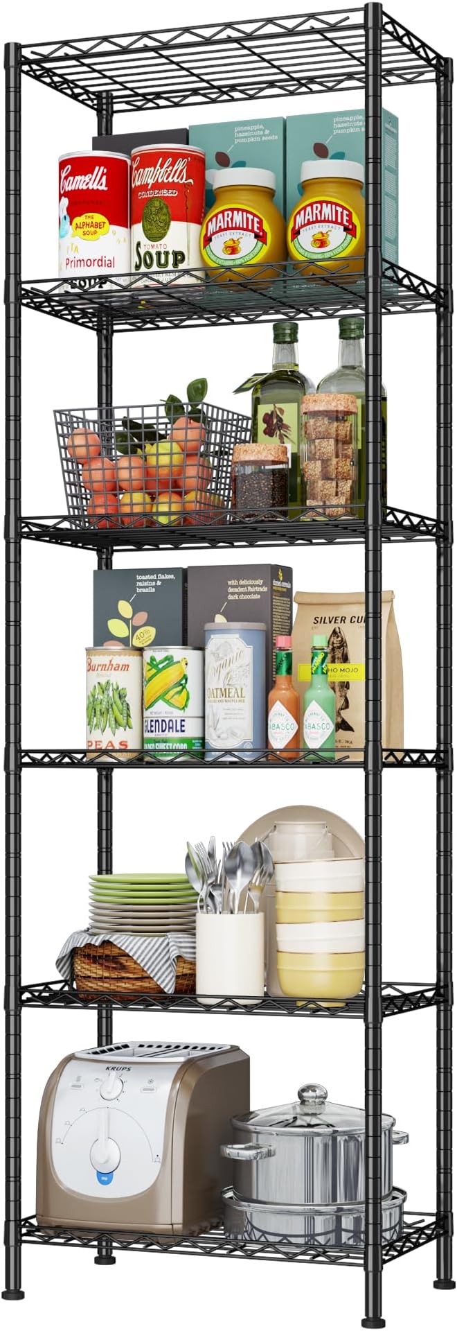 HOMEFORT 6-Shelving Unit, Adjustable Wire Shelving, Metal Wire Shelf Rack Organizer for Kitchen, Pantry, Closet, Bathroom, Laundry, Black,21" W x 11" D x 69" H