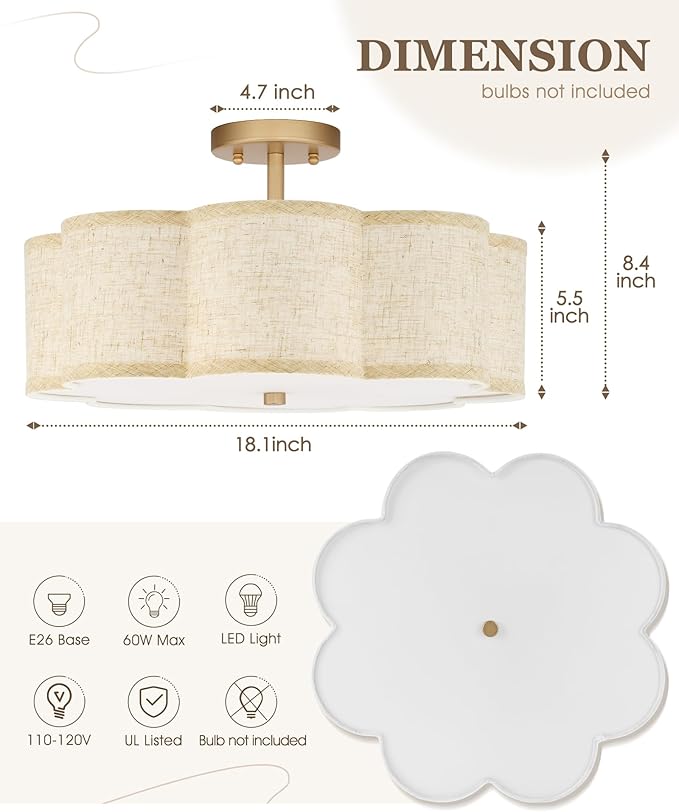 Gold Semi Flush Mount Ceiling Lights, 4-Light 18" Brass Light Fixtures Ceiling Mount with Linen Fabric Drum Shade in Flower Shape for Nursery Bedroom Kitchen Hallway, AD-22009-4SF-GD-B
