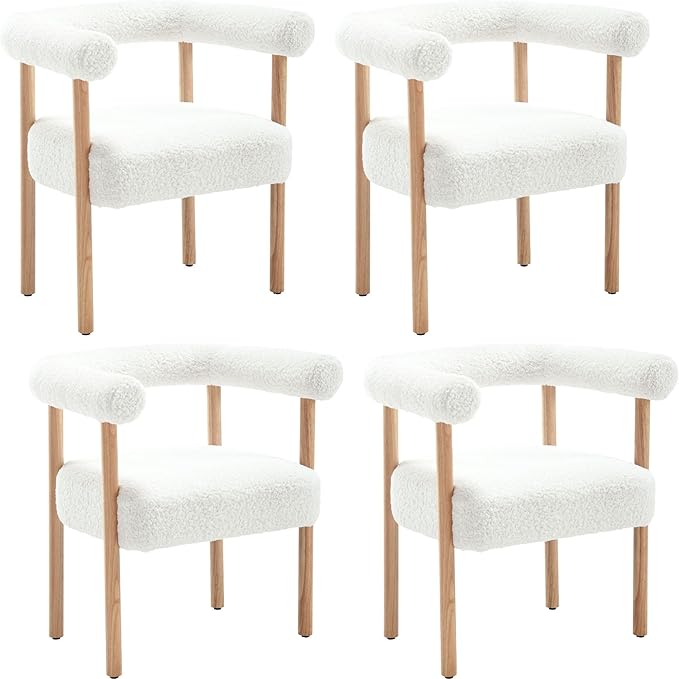 Mid-Century Modern Dining Chairs Set of 4, Armrest Barrel Dining Chairs Side Accent Chairs with Curved Back, Upholstered Wood Armchairs for Kitchen, Sherpa White