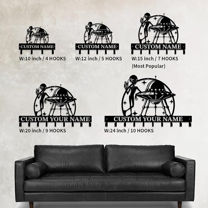 Personalized Custom Alien ET UFO Metal Wall Keys Hooks,Clothes Hooks Alien ET Art coat racks,door holder,Black Alien ET decorations for home,Entrance doors,Hallway, Bedroom,Keys,Hats (Style J)