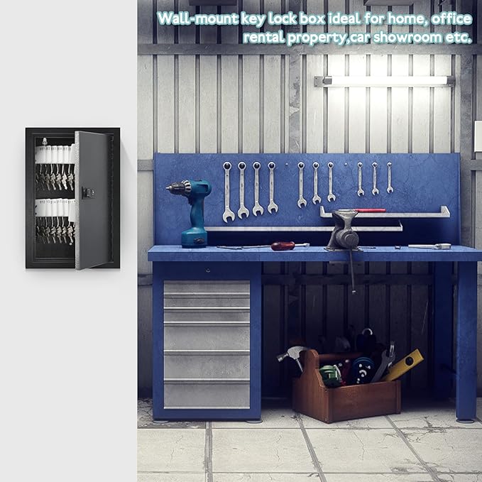 KYODOLED Locking Key Cabinet, 40 Key Storage Lock Box with Code, Key Box Wall Mount with Combination Lock, Key Hooks & Tags Labels for Home, Office, Business, 2.5" D x 8" W x 12" H (Black,40 Key)