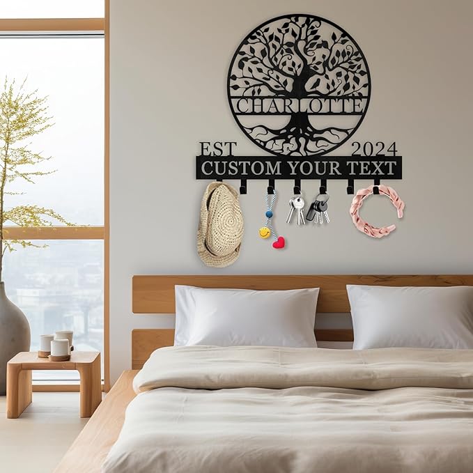 Personalized Key Holder Wall Mount - Custom Name Tree of Life Key Holder for Wall, Metal Key Rack Coat Rack for Front Door, Living Room, Kitchen, Housewarming Wedding Gift