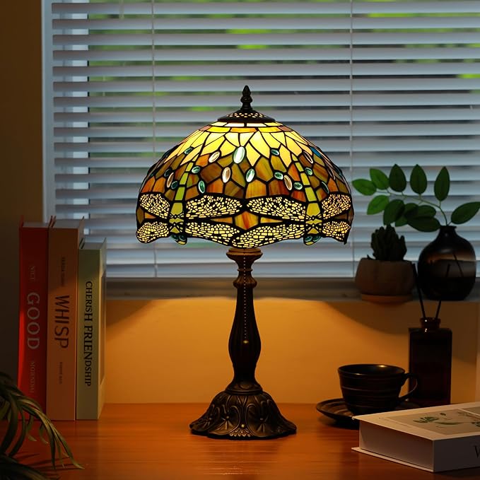 Tiffany Lamps White Brown Dragonfly Style Stained Glass Table Lamp Desk Bedside Reading Light 12X12X18.5 Inches with Bronze Resin Base Applicable to Bedroom Living Room Office