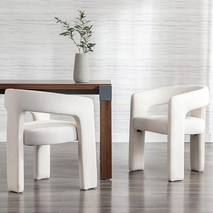 Set of 2 Modern Velvet Fabric Upholstered Dining Chairs with Open-Back, Cute Barrel Side Chairs Kitchen Armchair Accent Chairs for Dining Room Bedroom, Ivory