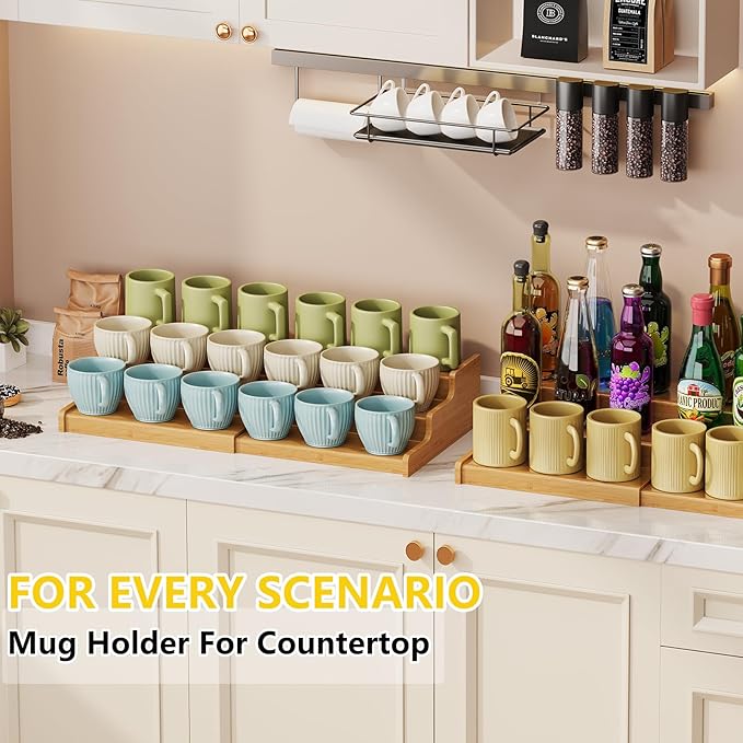 3-Tier Expandable Bamboo Mug Holder For Countertop Coffee Cup Holder Display Mug Organizer Mug Rack for Coffee Bar Organizer Mug Shelf for Cabinet for Kitchen, Home