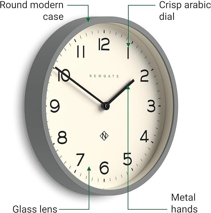 NEWGATE® Number Four Echo Wall Clock | Modern Round Clock | 12 inch | Gray | Easy to Read Numbers | Ideal for Kitchen, Living Room or Office