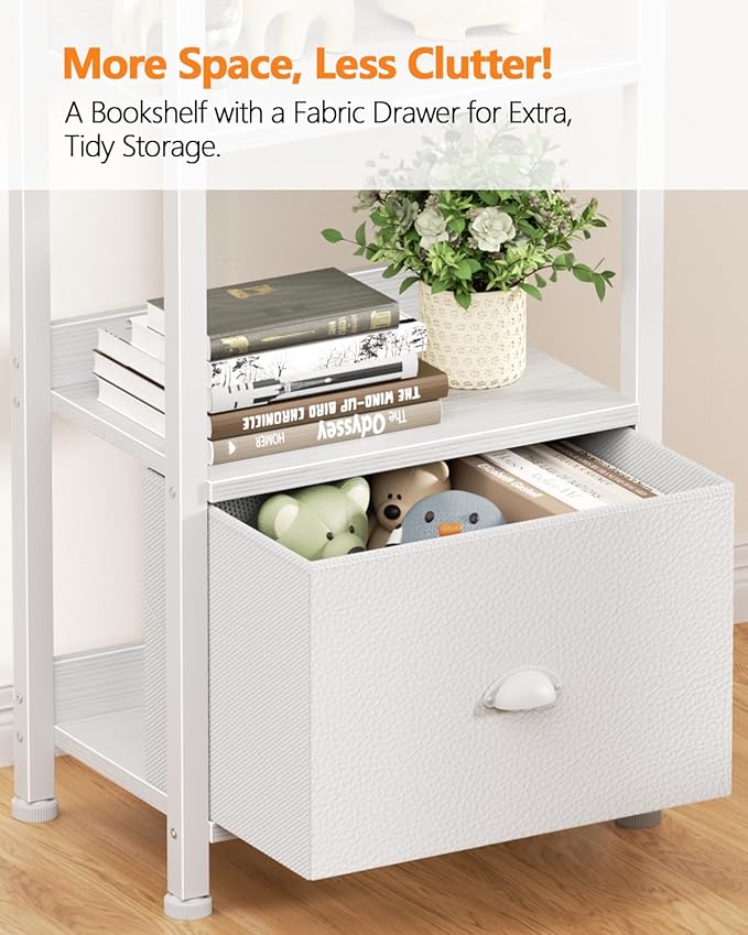 Furologee 6 Tier Bookshelf, Tall Shelf with Drawer, Wood and Metal Bookshelves Storage Organizer, Modern Display Shelving Unit for Bedroom, Living Room, Home Office, White