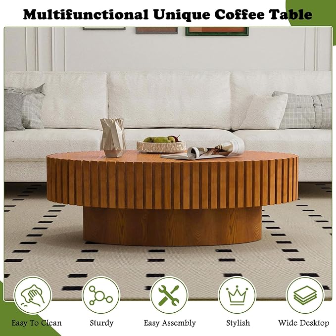 Oval Coffee Tables for Living Room 43.3" Olive-Shaped Fluted Coffee Table with Sturdy Pedestal Modern Wood Drum Coffee Table Contemporary Center Table for Farmhouse Apartment (Oval Wood)