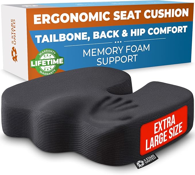 5 STARS UNITED Seat Cushion for Tailbone Pain Relief – Large Memory Foam Cushion for Coccyx, Hip, Sciatica & Post-Surgery Recovery – Wheelchair, Car, Desk, Gaming & Office Chairs, Black