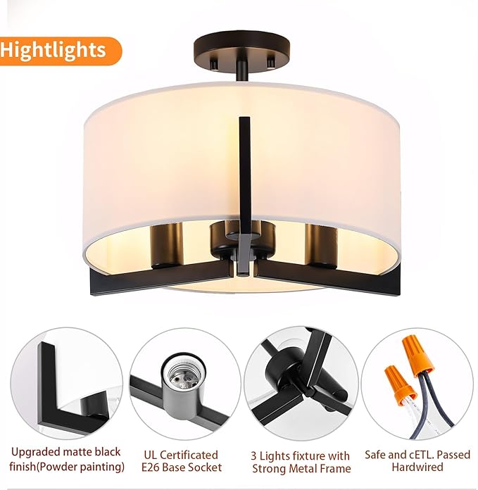 16 inch Semi Flush Mount Ceiling Light: 3-Light Black Modern Light Fixtures Ceiling Mount with Drum Fabric Shade, Close to Ceiling Lamp for Bedroom, Kitchen, Entryway (Bulb Exclude)
