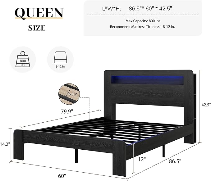 Queen Size Wooden Bed Frame with Bookcace Storage Headboard, Rustic Farmhouse Bedframe with LED Lights and Charging Station, Sturdy and Stable, Slat Support, No Box Spring Required (Black, Queen)