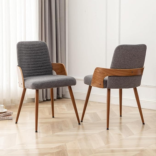 Dining Room Chairs Set of 2,Mid Century Modern Kitchen Chairs,Upholstered Accent Chairs,Metal Legs Wooden Desk Chairs,Armless and No Wheels for Kitchen Dining Living Room,Gray Fabric