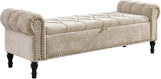 Storage Bed Bench for Bedroom, Chenille 67" End of Bed King Size Benches with Armrest, Tufted Button Upholstered Ottoman Bench for Living Room, Entryway, Khaki