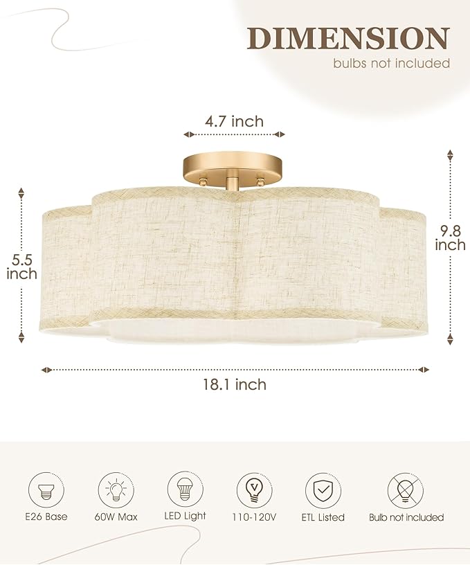 Semi Flush Mount Ceiling Lights, 6-Light 18" Gold Light Fixtures Ceiling Mount with Fabric Shade in Flower Shape, Drum Lighting Fixture for Nursery Bedroom Kitchen, AD-22007-6SF-GD-B