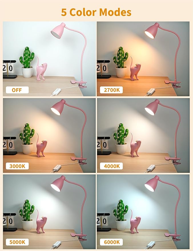 BOHON Cute Desk Lamp with Clamp 10W 38 LED Clip on Light, 5 Color 10 Brightness Auto Off Timer Flexible Gooseneck Pink Lamp Kawaii Accessories Desk Lights for Office Home Bed Bedside Reading, Pink