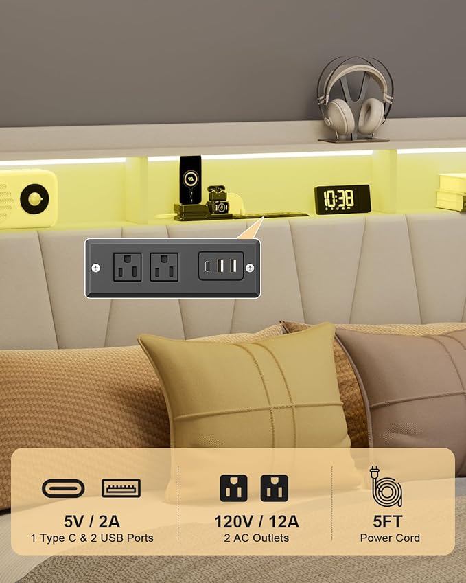 Full Size Bed Frame, Velvet Upholstered LED Platform Bed with Headboard Storage, Bed Frame Full Built-in Charging Station with 4 Drawers, Wood Slat Support, No Box Spring Needed, Beige