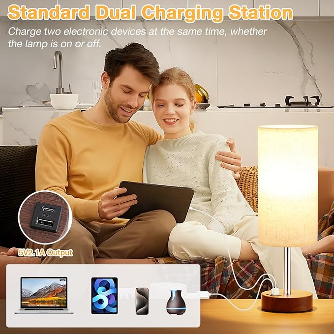 Dicoool Touch Bedside Table Lamp with USB - 3 Way Dimmable Redwood Lamps for Bedroom Nightstand, Desk Lamp with Charging Station for Dorm, Living Room, Office, Kids Room, Nursery