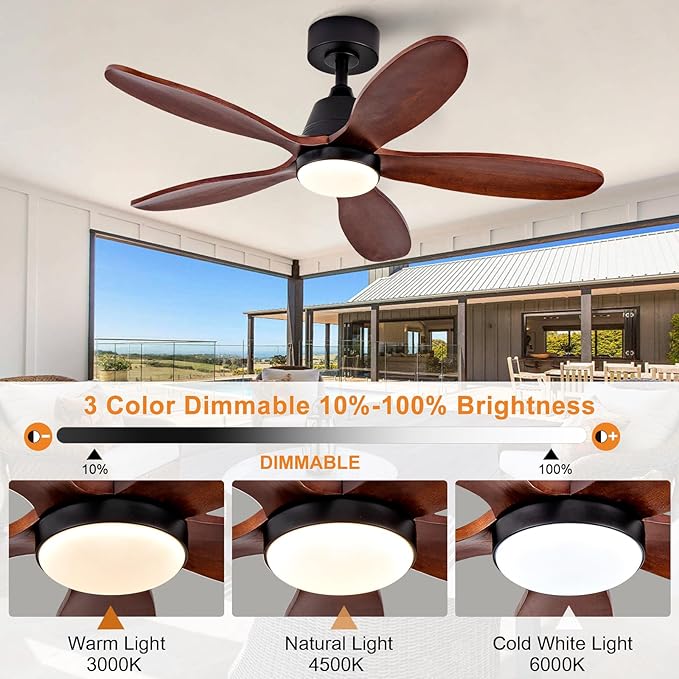 42 Inch Wood Ceiling Fans with Lights and Remote, Modern Ceiling Fan with Light, 5 Blades, Dimmable, Wall Switch, Memory Function, Indoor Outdoor Black Ceiling Fan for Patio Bedroom