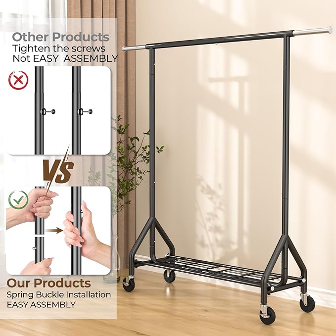 Heavy Duty Clothes Rack Load 450 LBS, Metal Garment Rack, Standing Rolling Clothing Rack for Hanging Clothes with Sturdy Wheels & Shelves, Portable Closet Wardrobe Rack,Black