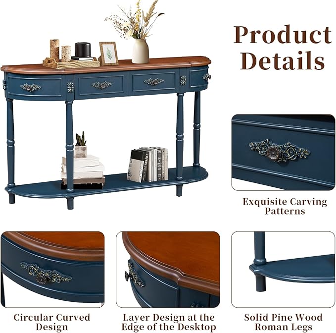 HMFULE Retro Curved Console Table, 52" Half Moon Sofa Entryway With 2 Drawers 1 Open Shelf, Solid Pine Legs for Living Room, Hallway, Navy Blue