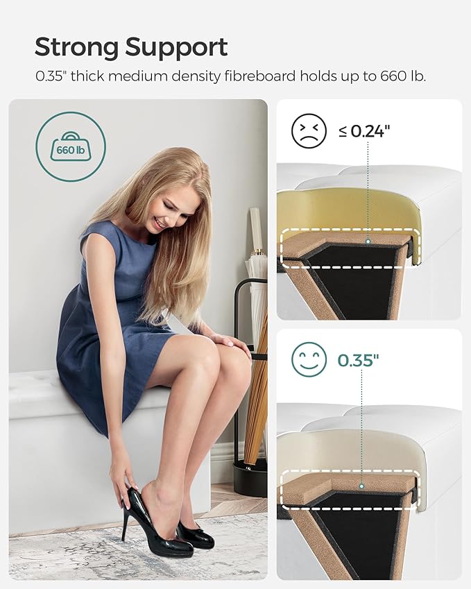 SONGMICS MAZIE Collection - 30 Inches Storage Ottoman Bench with Flipping Lid, Storage Chest Footstool, Load 660 lb, for Entryway, Living Room, Bedroom, Synthetic Leather, White ULSF45WT