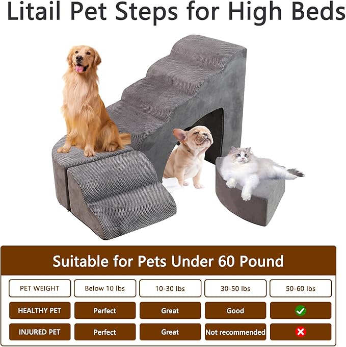 30D Foam Dog Stairs & Steps Ramps for High Beds 26-30 inches Tall, Sturdy Pet Stairs for Small Cats, LitaiL 6 Steps Pet Stairs Steps for Dog Get On Bed, Non-Slip Dogs Ramps for Older Cat