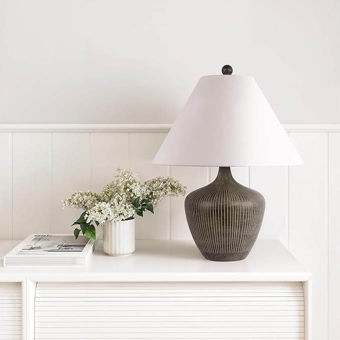 Abani Table Lamp Camille Tapered Vase 22” – Brown Ceramic Base with White Linen Shade – E26 Bulb Included – Transitional Desk Lamp for Bedroom, Living Room Lamp, Office or Nightstand