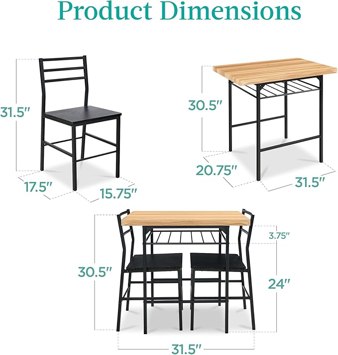 Best Choice Products 3-Piece Modern Dining Set, Space Saving Dinette for Kitchen, Dining Room, Small Space w/Steel Frame, Built-in Storage Rack - Oak/Black