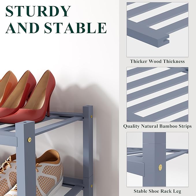 Smiry Shoe Rack, 6 Tier Small Bamboo Shoe Organizer, Stackable Free Standing Wooden Shoe Storage Shelf for Closet, Entryway, Front Door Entrance, Grey