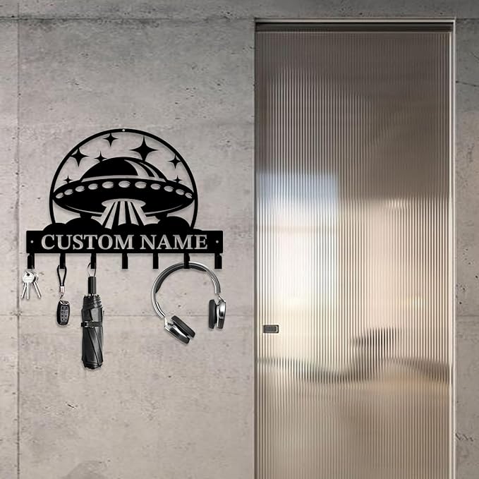 Personalized Custom Alien UFO Metal Wall Keys Hooks,Clothes Hooks Alien UFO Art Coat Racks,Door Holder,Black Alien UFO Decorations for Home,Entrance Doors,Hallway, Bedroom,Keys,Hats (Style F)