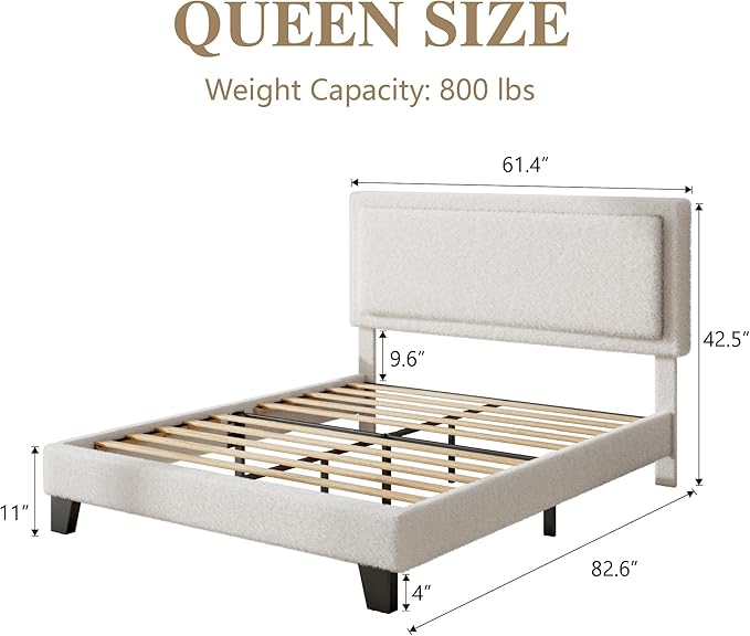 Queen Bed Frame with Adjustable Headboard, Boucle Cloud Platform Bed with Wood Slats, Mattress Foundation, No Box Spring Needed, Easy Assembly, Beige